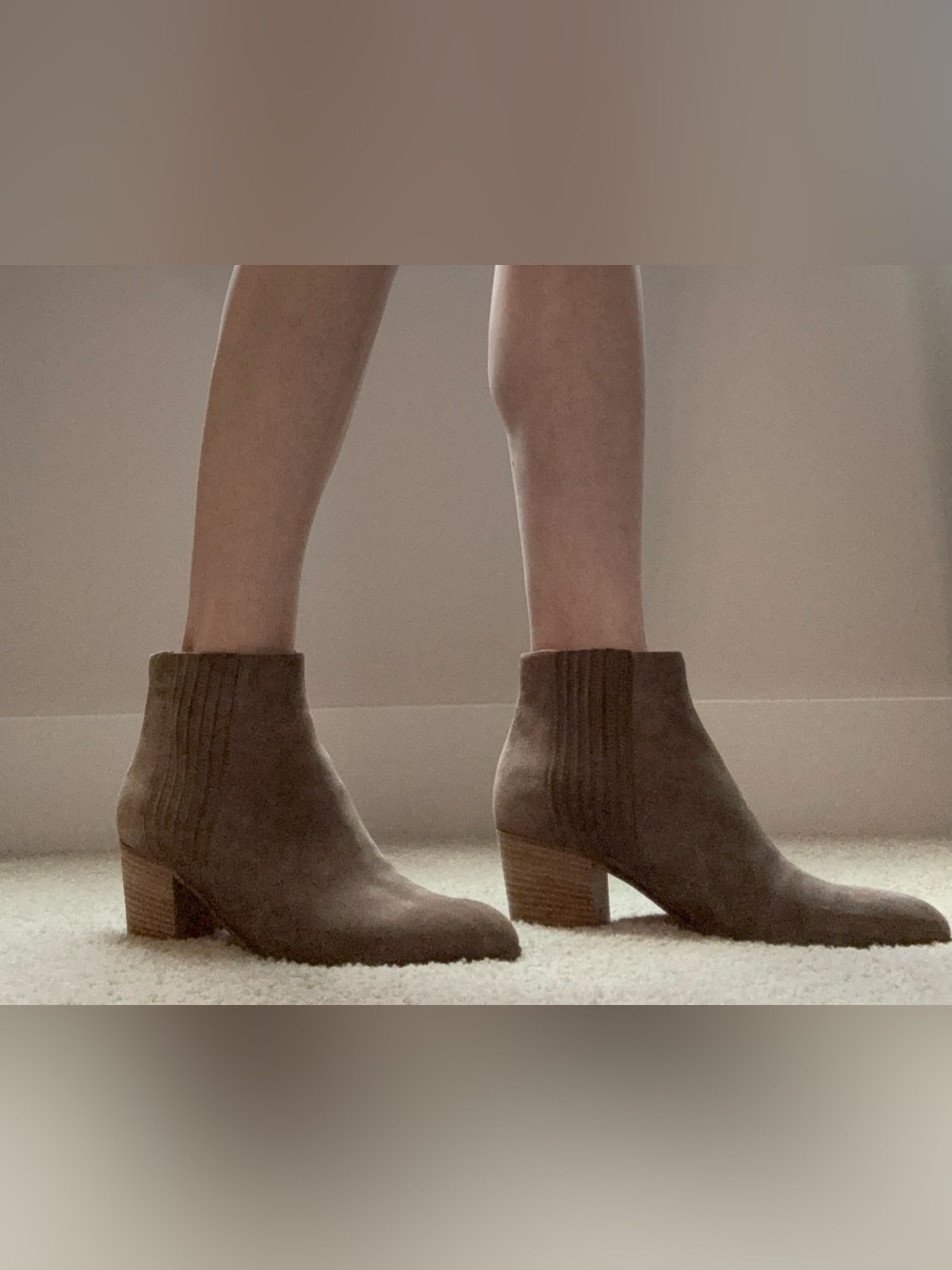 Vince Taupe Suede Ankle Booties with Wood Block Heel